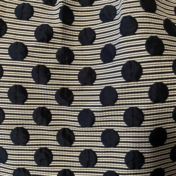 Tahari ASL midi cocktail dress in a shimmery silver with navy polka dots - Picture 4 of 6